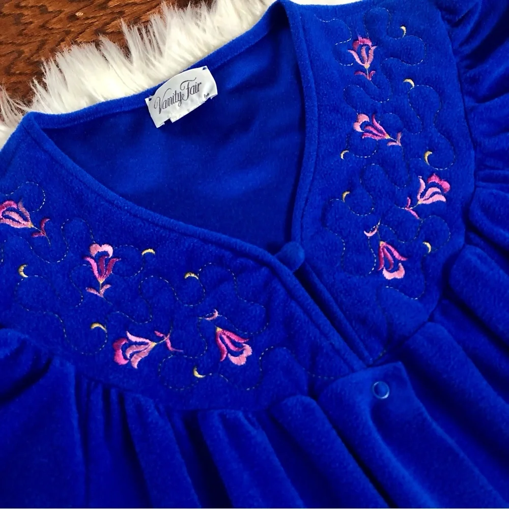 Vanity Fair Vintage Dark Blue Embroidered Long House Coat Pockets Button Up Soft